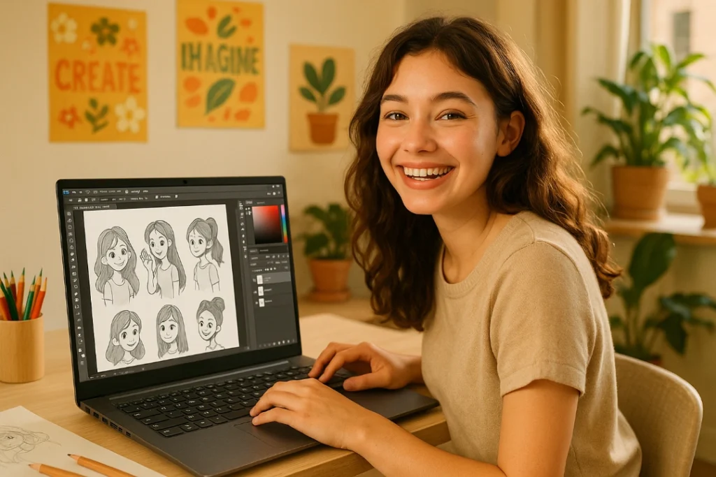 Best 14-inch ASUS Laptop for Students and Designers Young girl working on a 14 inch ASUS laptop for creative design and digital work.
