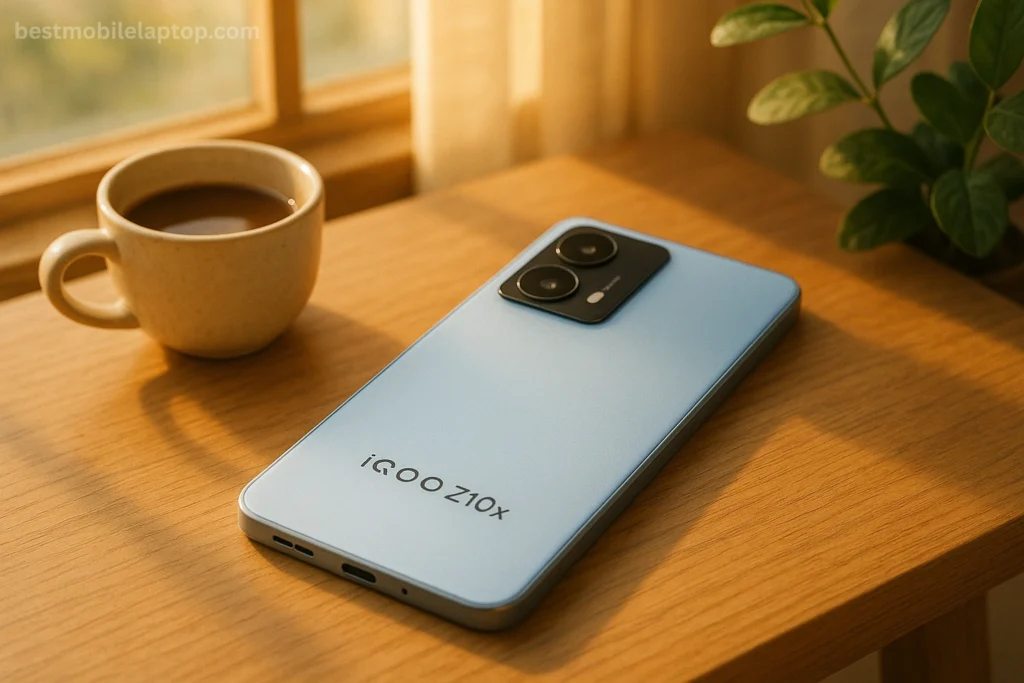 iQOO Z10 X – 256 GB Storage Phone with Sleek Design iQOO Z10 X – 256 gb storage phone placed on a wooden table