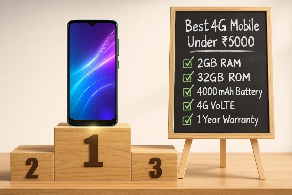 Rank 1 Budget 4G Mobile Under 5000 with Powerful Features Top 4G mobile under 5000 with 2GB RAM, 32GB storage, and 4000mAh battery shwoing on wooden leaderboard as well