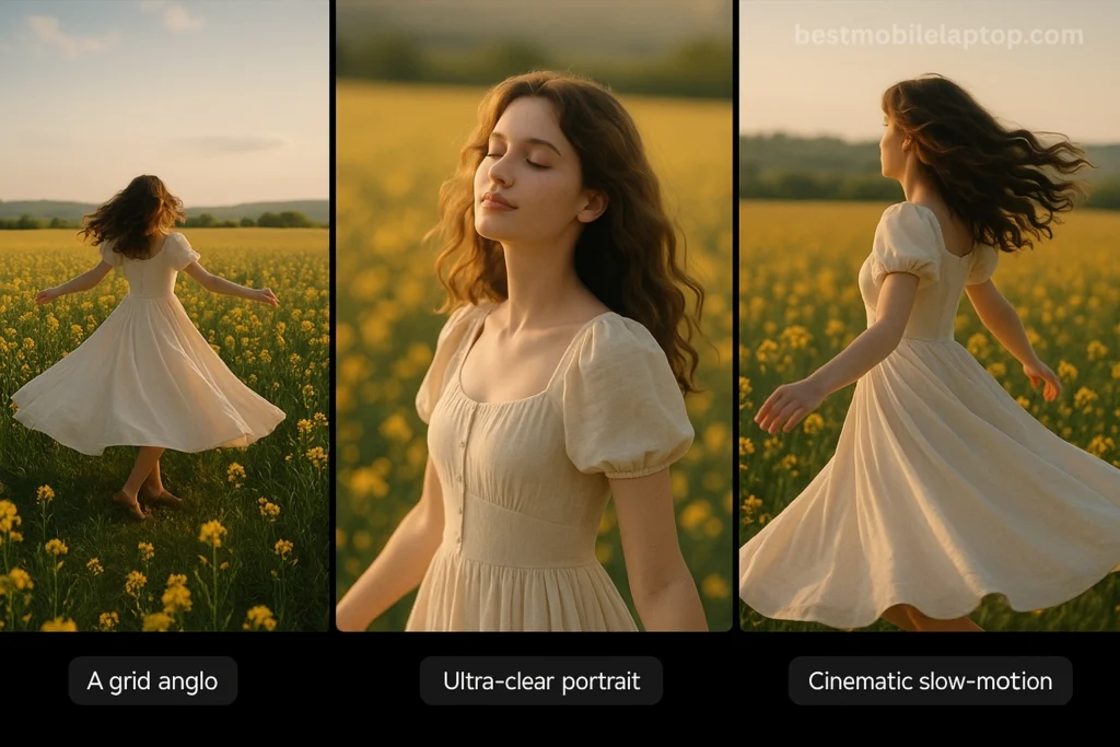 Different Angles Captured on 50 mp Camera Phone – Natural Light Portrait Girl enjoying golden sunlight in a field – featured for 50 mp camera phone image quality