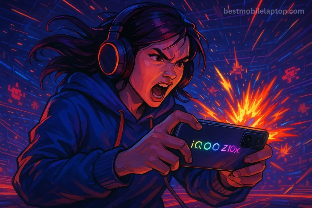 A Passionate Gamer Using 5G Best Phone Under 20000 - Budget Power Gamer girl holding the 5g best phone under 20000 with neon background