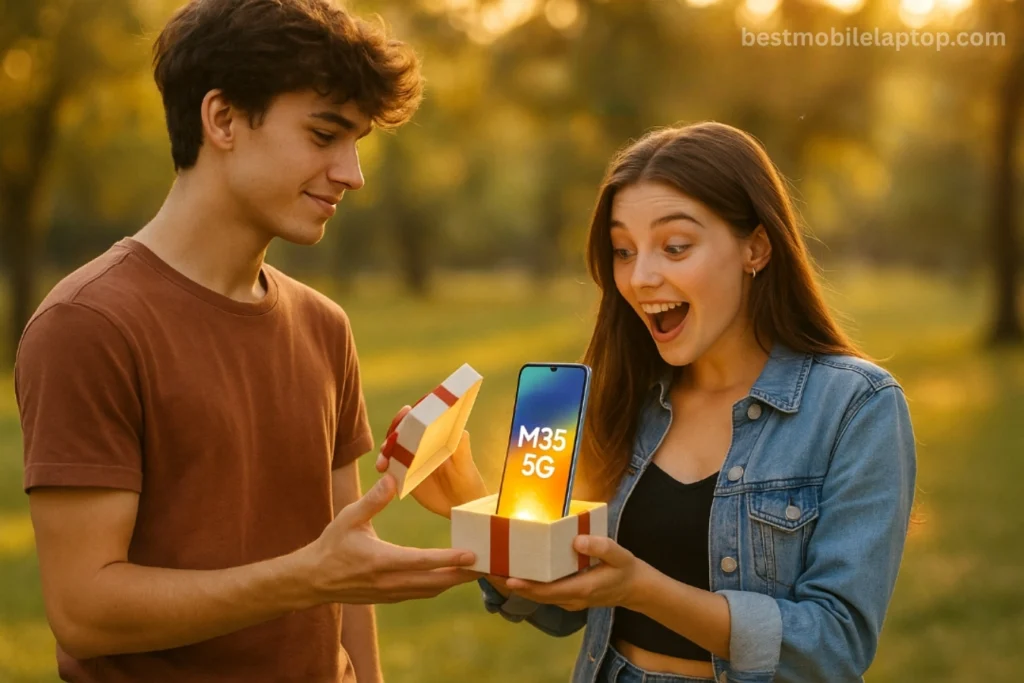 This Best Phone Under 20000 is Going to Shock You! 7 Boy surprising girl with a Samsung M35 Mobile – long-lasting performance mobile