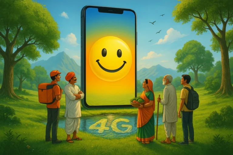 Happy users are expecting a 4G android phone under 5000 in a vibrant outdoor setting