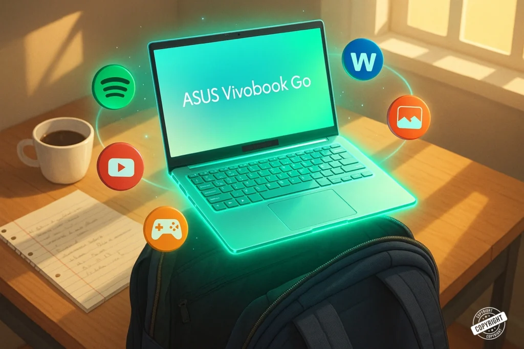 Asus Laptop for Students, Multimedia, and Everyday Work Asus laptop glowing on a desk with multimedia and app icons, ideal for students and entertainment use