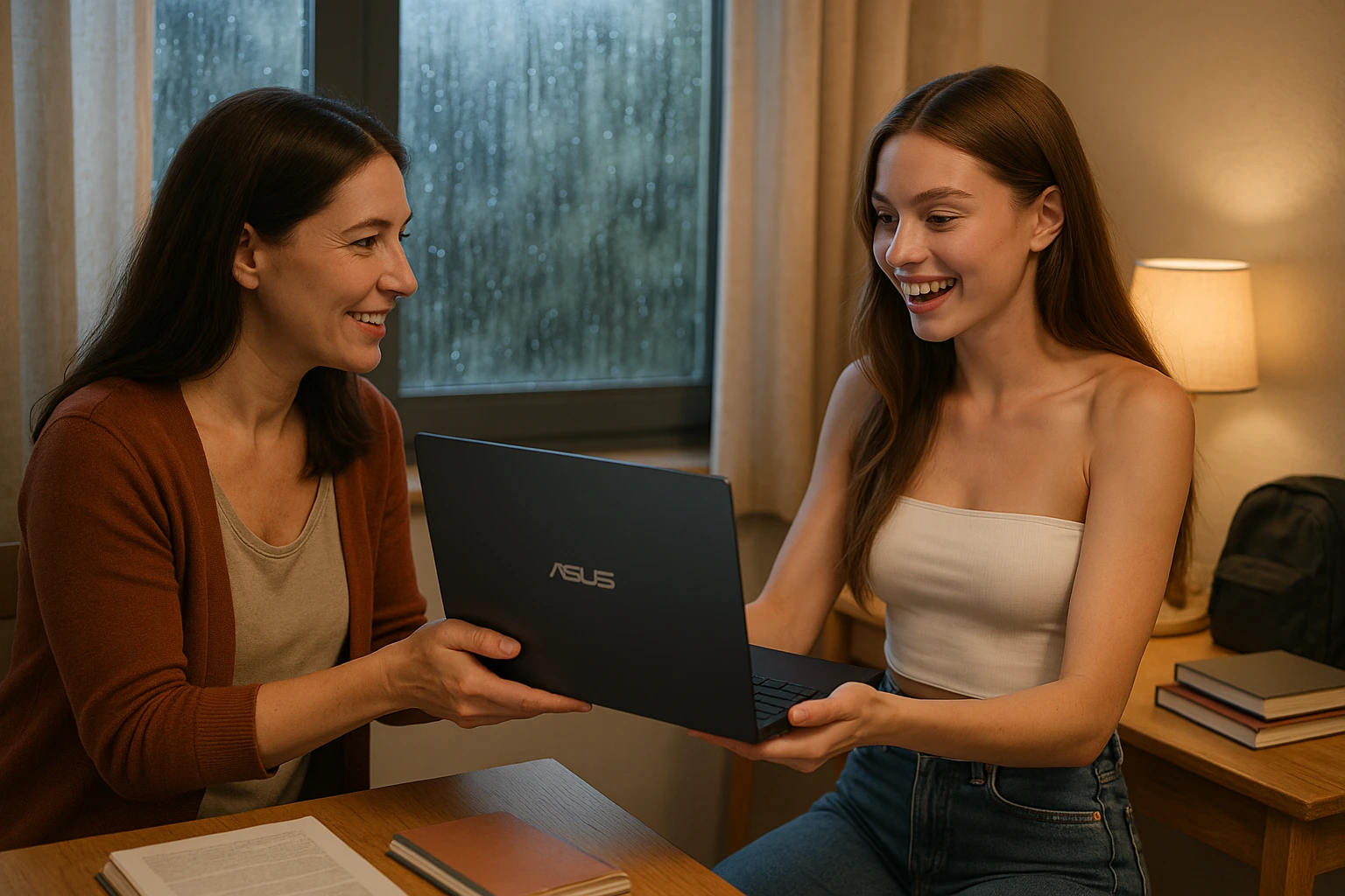 Mother gifting ASUS Vivobook Go 14 laptop to her daughter – perfect choice for students in 2025