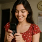 A young girl smiling while holding the best keypad phone, showcasing its compact and classic design.