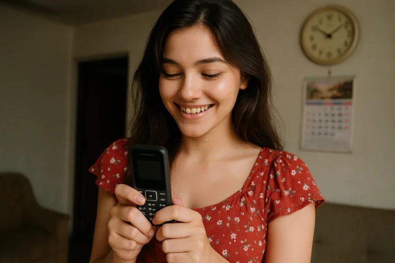 A young girl smiling while holding the best keypad phone, showcasing its compact and classic design.