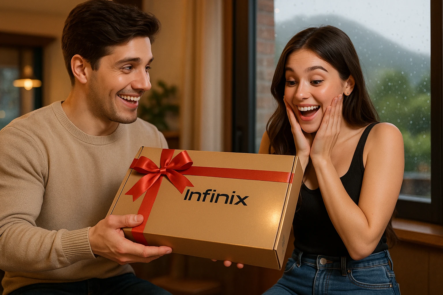 A young woman happily using a brand-new Infinix laptop, gifted by a friend, ideal for BCA students.