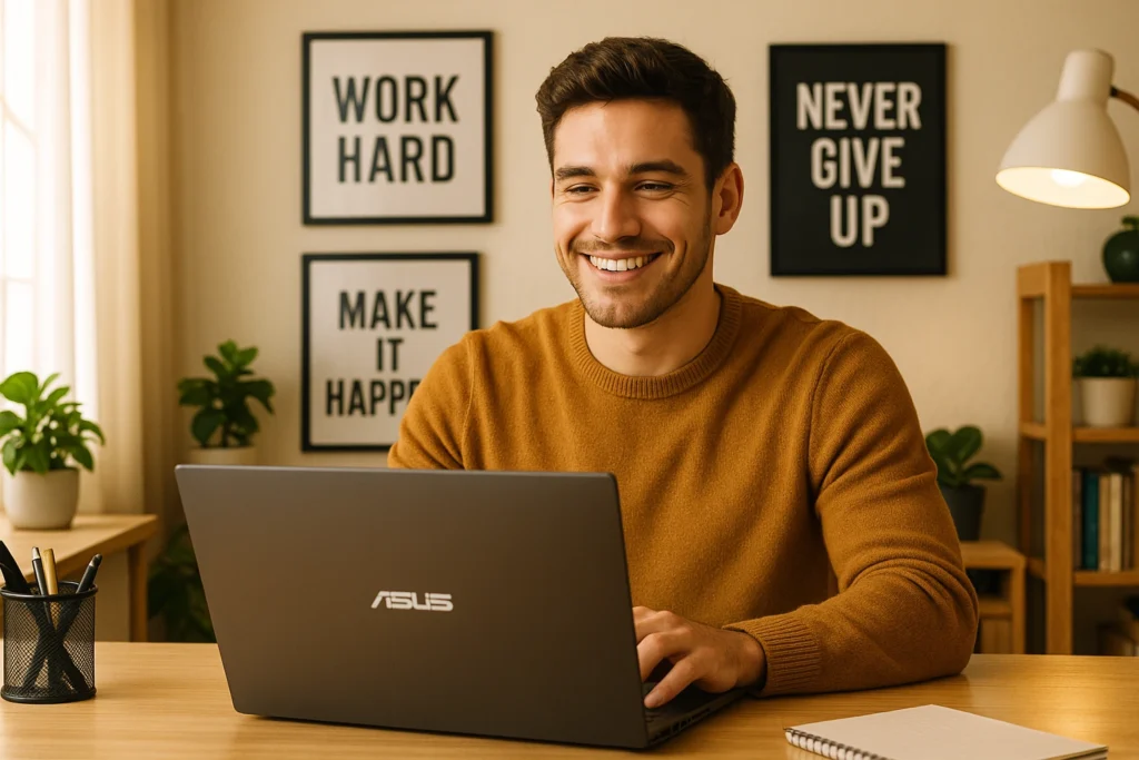 ASUS Laptop for BCA Students – Perfect for Programming & Study Happy BCA student using ASUS laptop for coding and assignments – best laptop for bca students