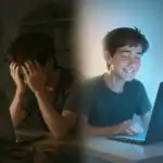A boy frustrated with his old laptop on one side, and happily using a new laptop on the other after finding the best laptops under 40000