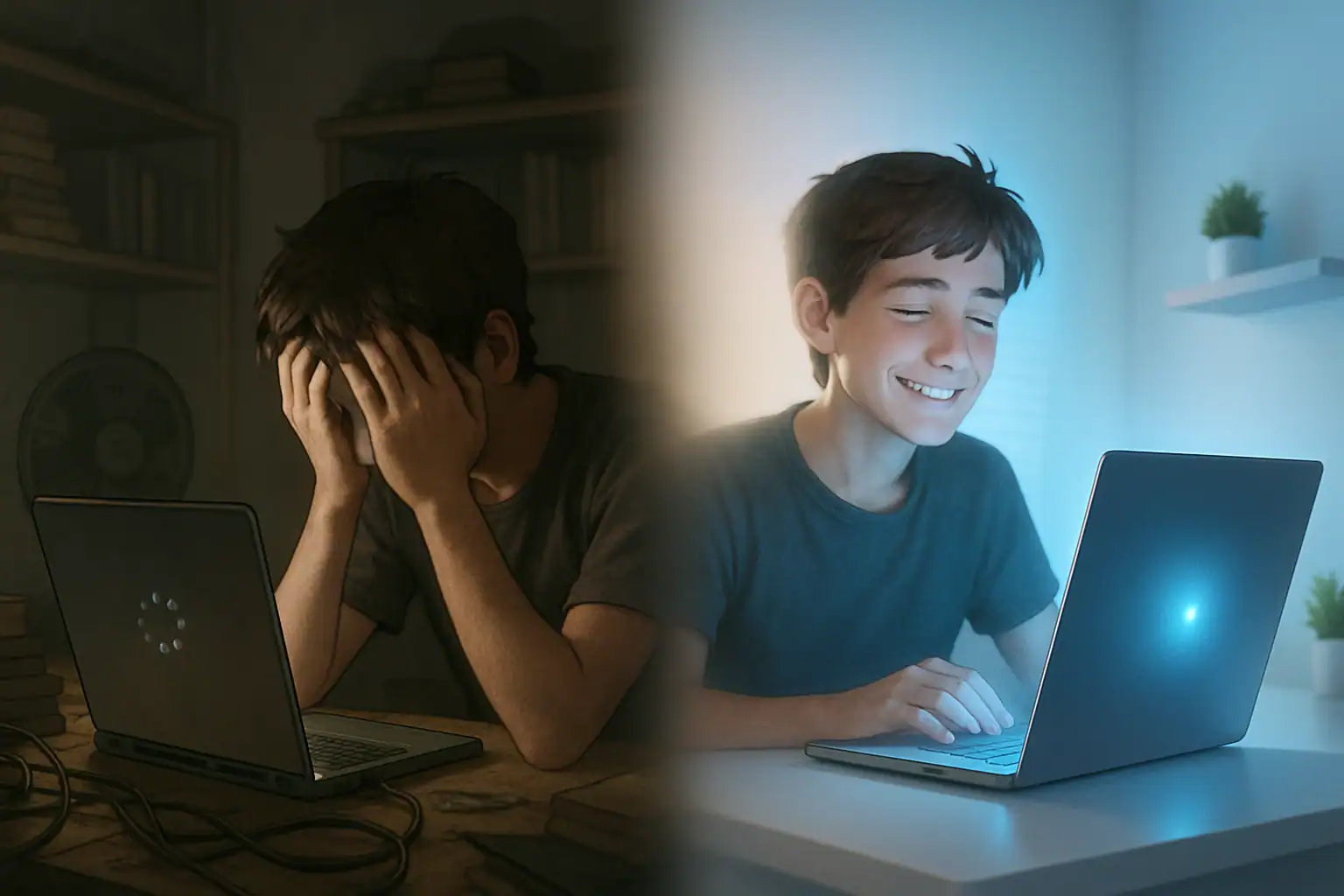 A boy frustrated with his old laptop on one side, and happily using a new laptop on the other after finding the best laptops under 40000