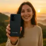 Girl holding iQOO Z10 X 5G smartphone while smiling in a beautiful natural background