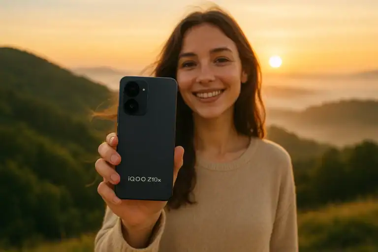 Girl holding iQOO Z10 X 5G smartphone while smiling in a beautiful natural background