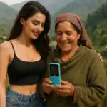 Two females smiling outdoors while holding a stylish keypad phone, showcasing a modern and trendy mobile device