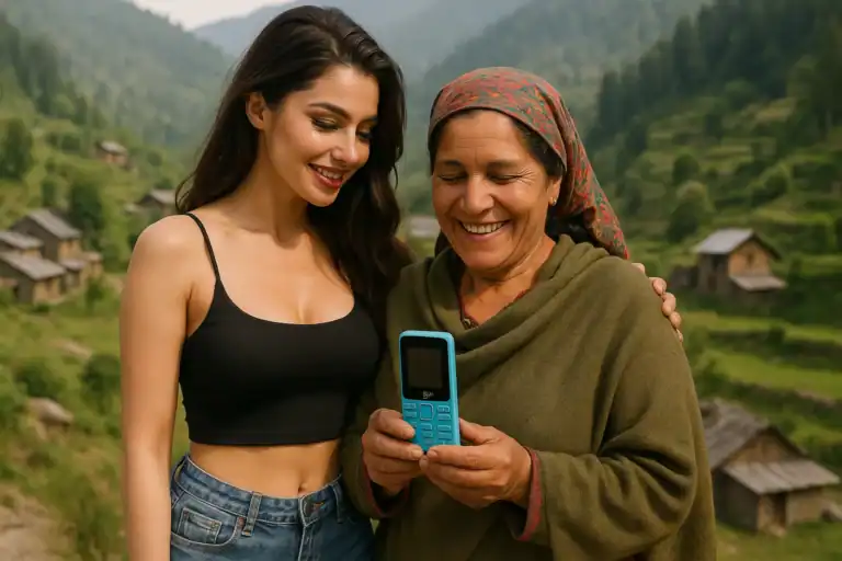 Two females smiling outdoors while holding a stylish keypad phone, showcasing a modern and trendy mobile device