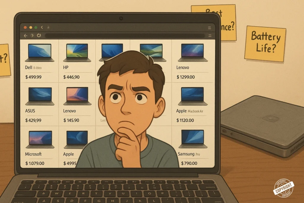 Too Many Choices? Find the Right Laptop Under 40000 A confused boy sitting in front of a laptop, overwhelmed by options while searching for the best laptops under 40000