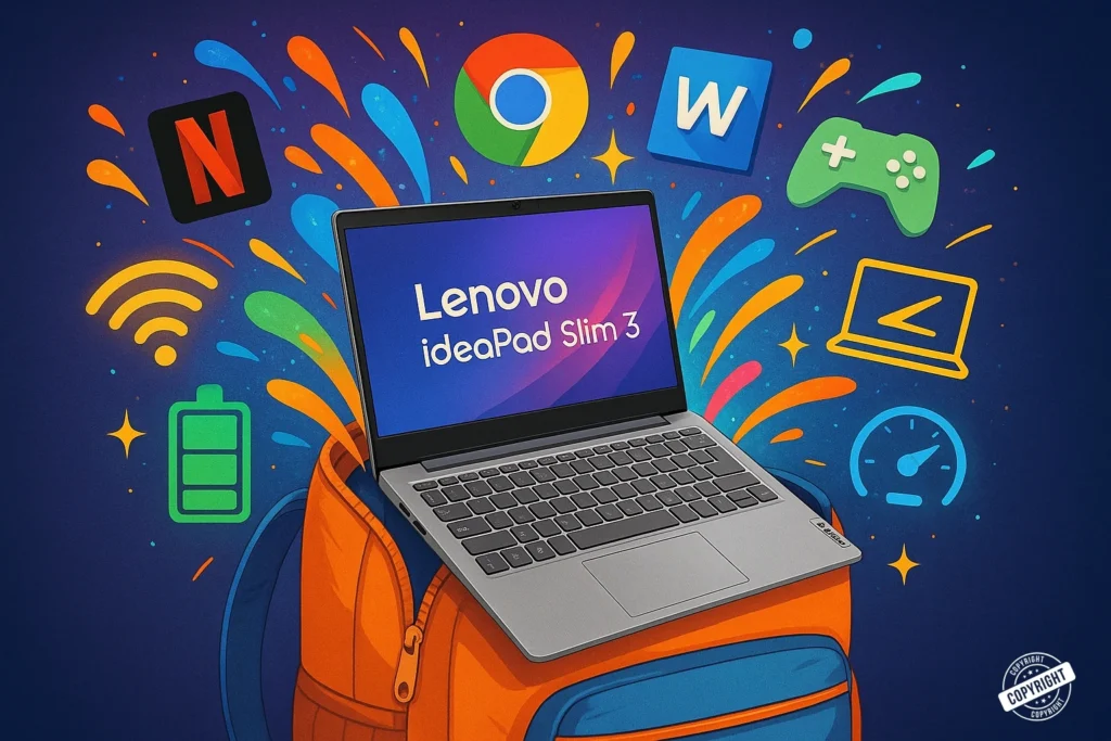 Lenovo Laptop for Study, Work & Everyday Use Lenovo laptop with colorful productivity icons, ideal for students and office use