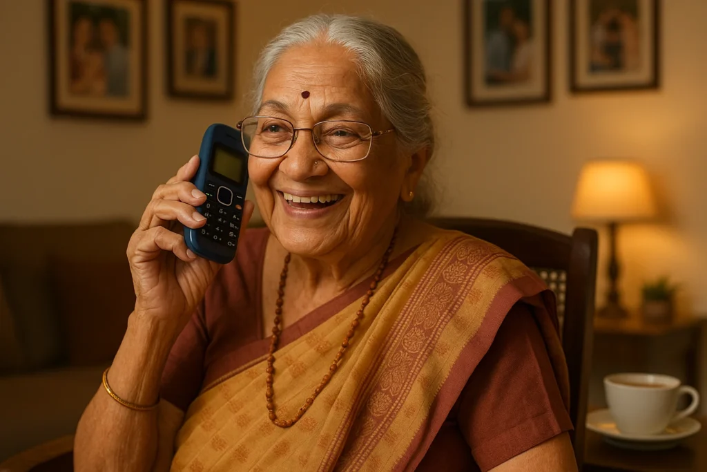 Keypad Mobile Under 2000 – Perfect Budget Phone for Seniors An elderly woman happily using a keypad mobile, ideal for simple calling and reliability.