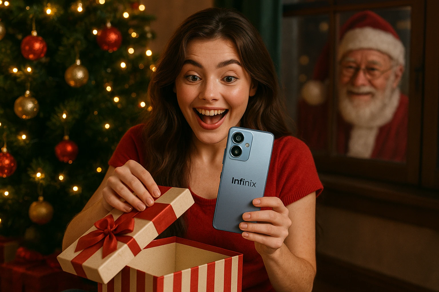 Finest 5G phone under 12000 - Woman unboxing Infinix phone during Christmas