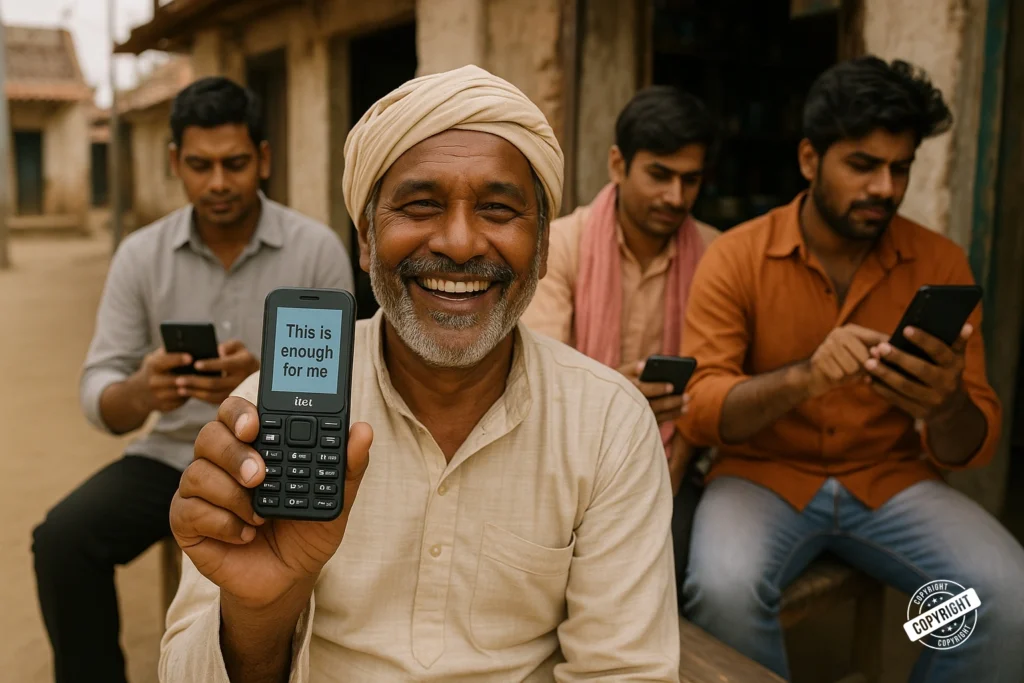 Best Keypad Mobile Under 2000 – Simple, Durable & Affordable happy man in traditional attire holding a keypad phone, representing the best keypad mobile under 2000 for rural and budget users.