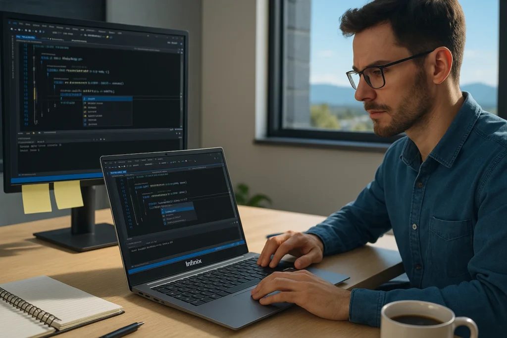 Best Laptop for Coding and Programming – Ideal Choice for Developers A programmer working in a bright workspace on the best laptop for coding and programming, focused on building software efficiently.