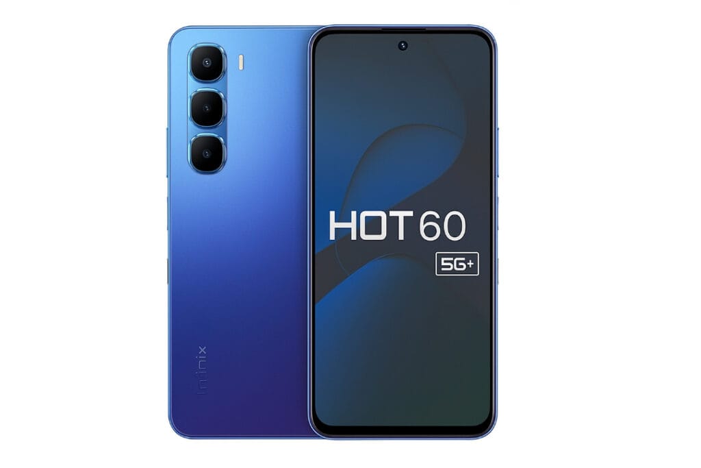 Infinix Hot 60 5G+ – Best Phone Under 12000 for Style, Speed & 5G Front and back view of the Infinix Hot 60 5G+ smartphone – one of the best phones under 12000 with stylish design and 5G support.