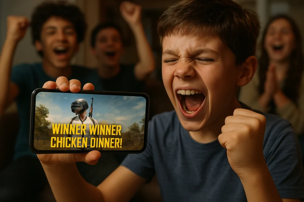 Infinix 5G Phone – Best Performance for Mobile Gaming A boy celebrating his gaming victory on an Infinix 5G phone – delivering ultra-fast speed and immersive performance for mobile gamers.