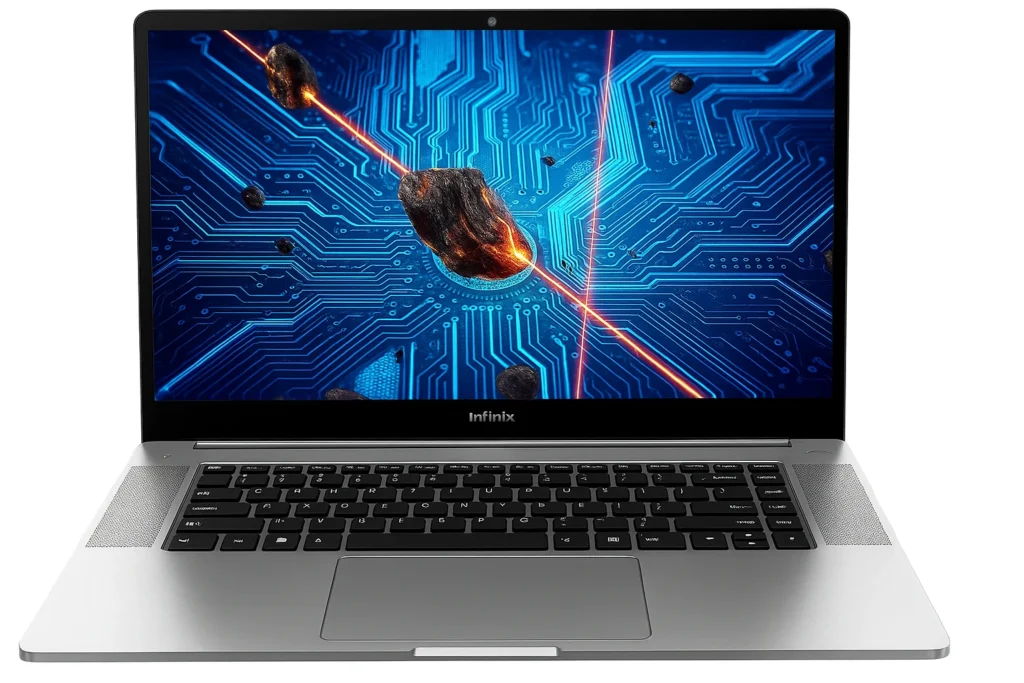 Infinix Laptop with Futuristic Design – Ideal for Students and Creators Futuristic Infinix laptop with high-performance tech design and digital background