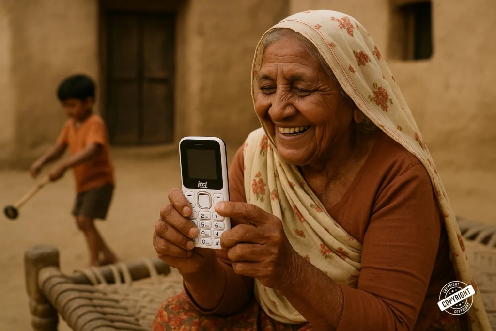 itel 4G Keypad Mobile – Fast Network & Easy Interface Elderly woman smiling while using an itel 4G keypad mobile, showing ease of use and strong connectivity.