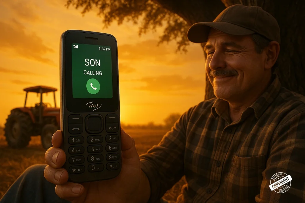Highest mAh Battery Mobile – Power That Lasts All Day Man holding a keypad phone which known as highest mah battery mobile in keypad models, representing his son is calling.