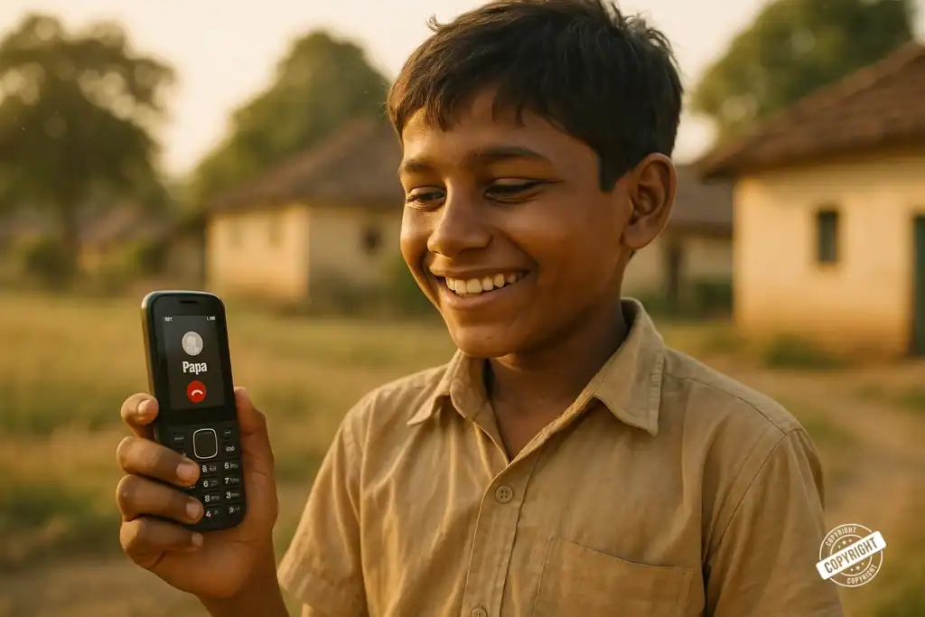 itel Keypad Mobile – Simple, Smart & Easy to Use A young boy smiling while holding an itel keypad mobile in his hand, outdoors in a village setting