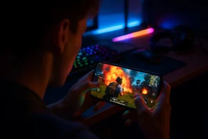 A person playing a PUBG game on a 5500 mAh battery gaming phone with bright display and smooth performance