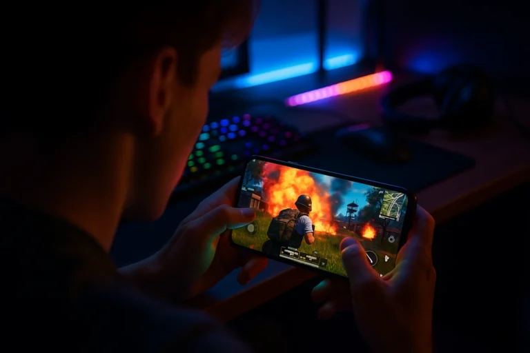A person playing a PUBG game on a 5500 mAh battery gaming phone with bright display and smooth performance