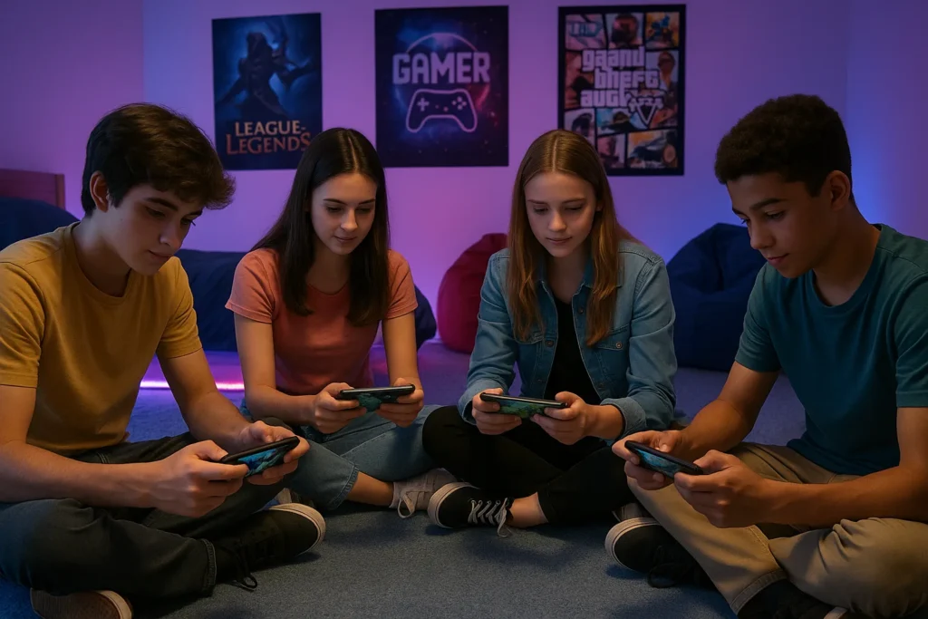 Group of friends playing games together on 5G mobiles under 20000 in a cozy gaming room