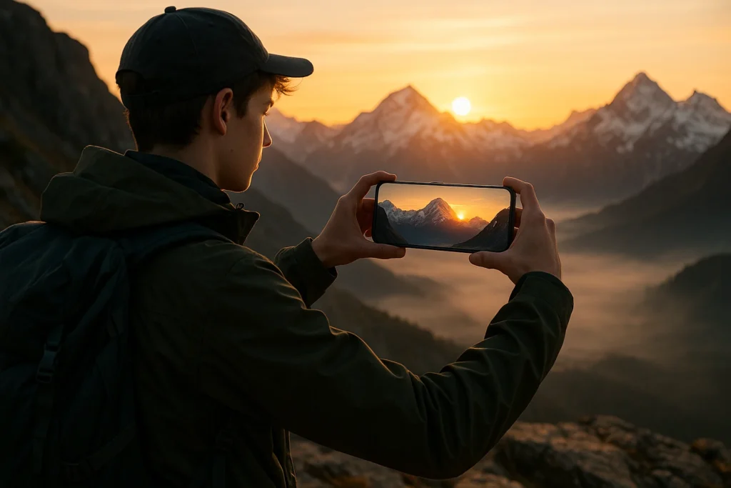 Best Camera 5G Mobile Under 12000 – Capture Stunning Photos Anywhere A boy capturing a sunset view of mountains with the best camera 5G mobile under 12000