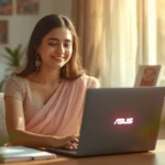 a beautiful female using asus laptop in a bright and realistic environment