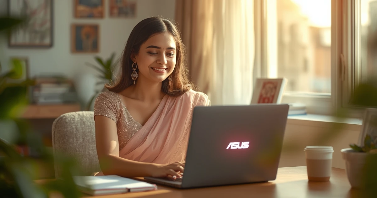 Best ASUS Laptop Under 40000 With AMD Ryzen 5 and 16GB RAM! 3 a beautiful female using asus laptop in a bright and realistic environment
