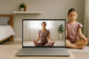 A child attending an online yoga class on the Asus Vivobook Go 15, highlighting its clear display and good sound quality for learning and home activities.