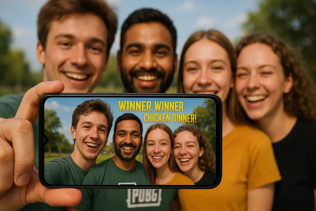 Group of friends celebrating a PUBG win on an Infinix 5G phone with clear display and fast performance