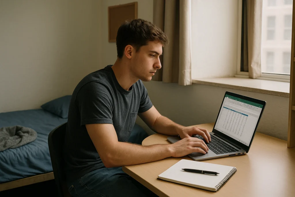 Best Laptop for Students – Real Study Setup A student working on a laptop at a study desk with Excel open, showing a real-life use case for the best laptop for students