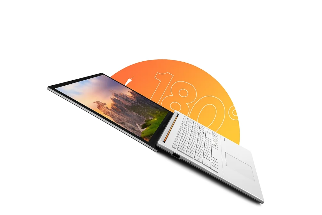 ASUS Vivobook Go 15 – 180° Hinge Display ASUS Vivobook Go 15 laptop opened flat at 180 degrees, highlighting its wide hinge flexibility and thin, modern design ideal for multitasking and collaborative viewing.