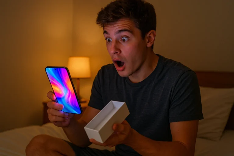 Man surprised after unboxing the best phone under 50k with vibrant display