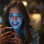 a girl is amazed by checking the features of a top mobile under 12k