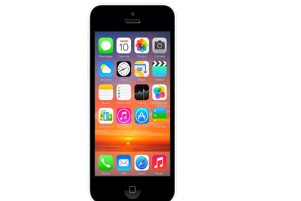 iPhone 5C Blue Refurbished Phone – iOS Experience at a Budget Front view of a blue iPhone 5C refurbished phone showing classic iOS home screen with app icons