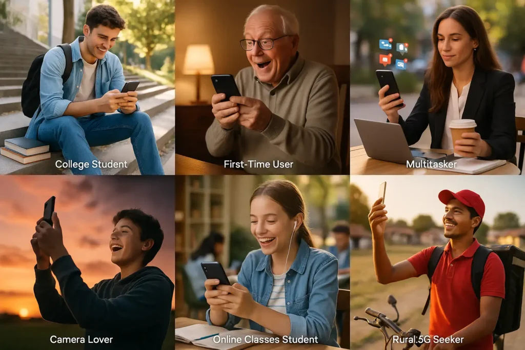 Vivo Low Budget Smartphone – Perfect for Students, Beginners, and Daily Users Different types of people including college student, first-time user, multitasker, camera lover, online classes student, and rural 5G seeker happily using a vivo low budget smartphone.
