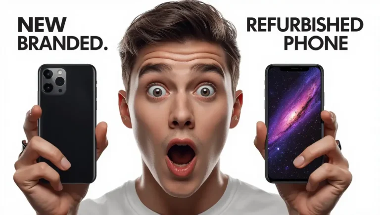 a boy is having different mobiles in both hand - new phone vs refurbished phones