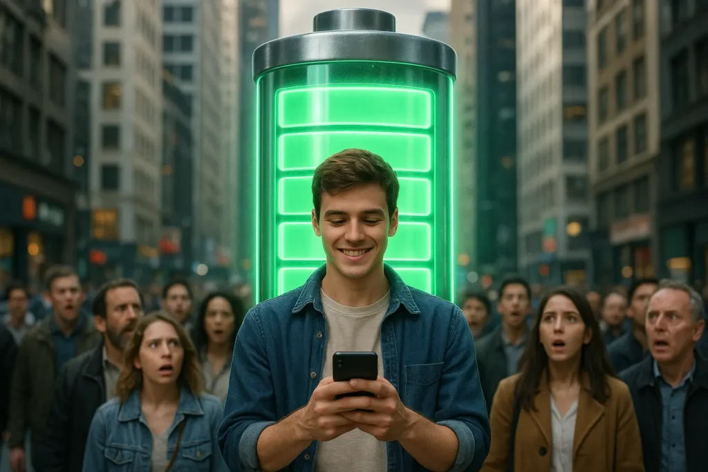 Oppo - a massive 6000 mAh Battery Mobile Man enjoying and featuring long battery backup on Oppo – 6000 mAh mobile phone while traveling outdoors