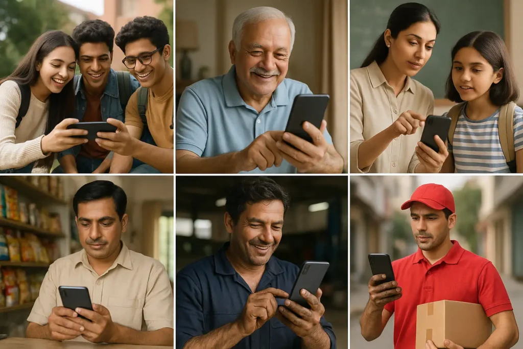 Everyday moments powered by Redmi low price mobiles People relying on low cost Redmi mobiles in everyday life for work and connection