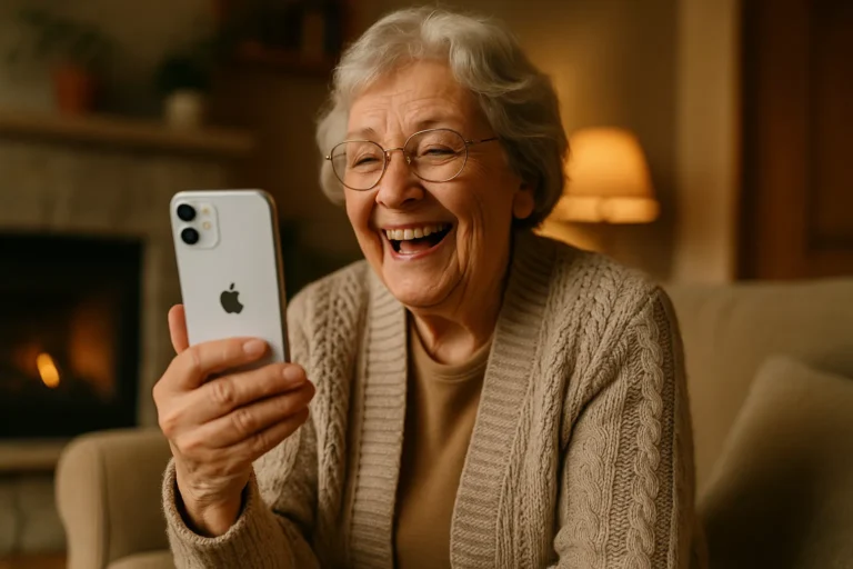 Elderly woman happily using a refurbished phone at home