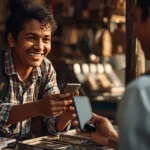 street vendor showing refurbished smartphones very happily